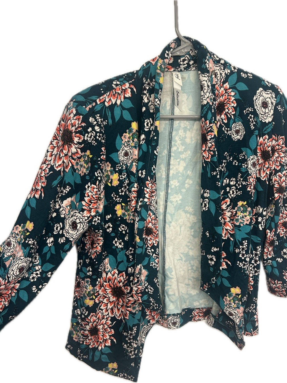 Floral Open Front Cardigan/ loose blazer 3/4 sleeves in Teal & Coral
